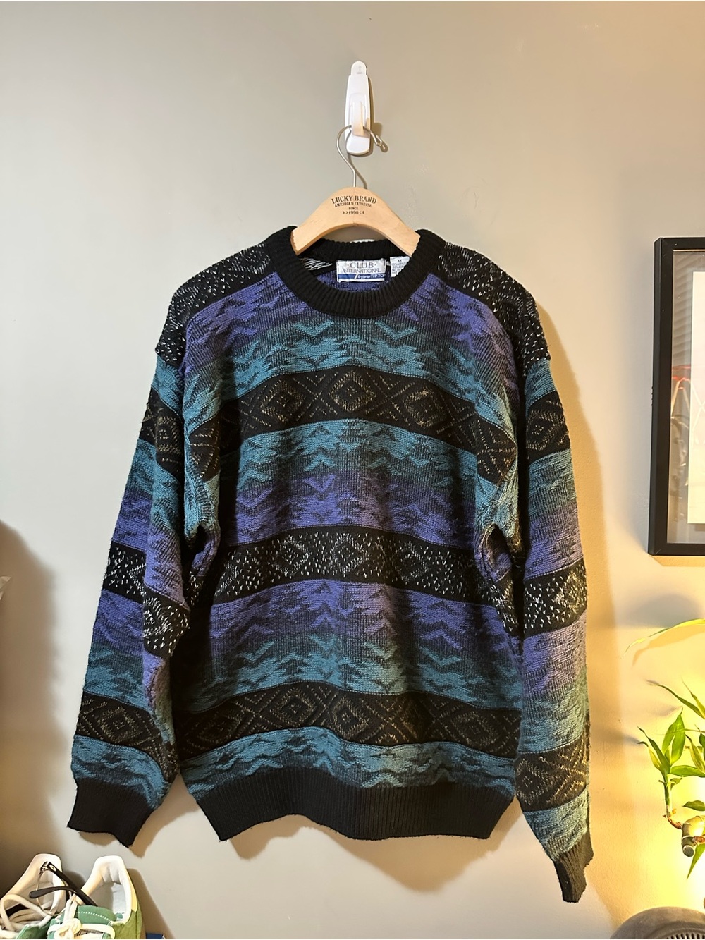 Lucky Brand Teal, Blue & Purple Patterned Crewneck Sweater